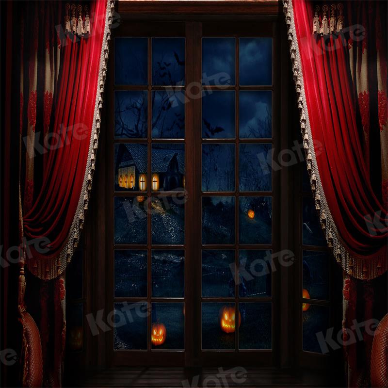 Kate Halloween Backdrop Window Red Curtain Night for Photography