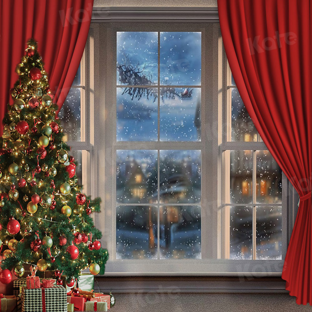 Kate Christmas Backdrop Window Red Curtain Snow for Photography