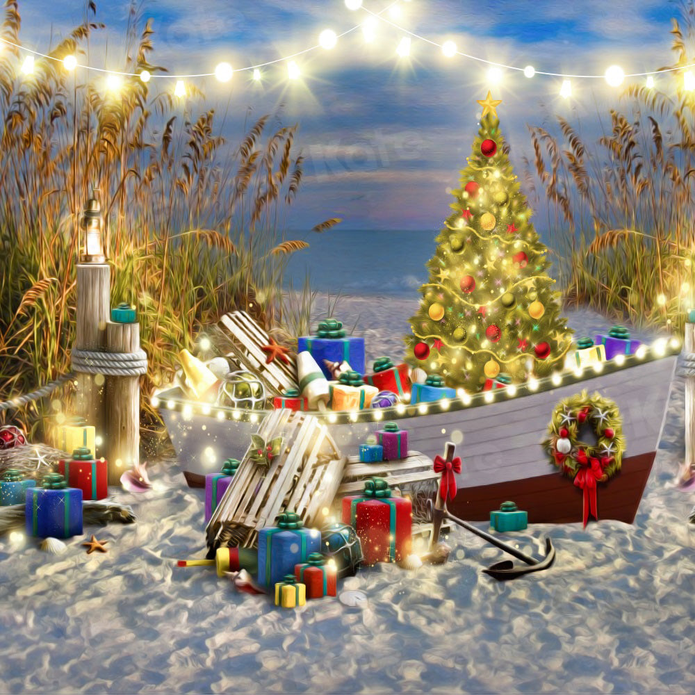 Kate Christmas Backdrop Outdoor Reed Boat Night Lights Lake for Photography