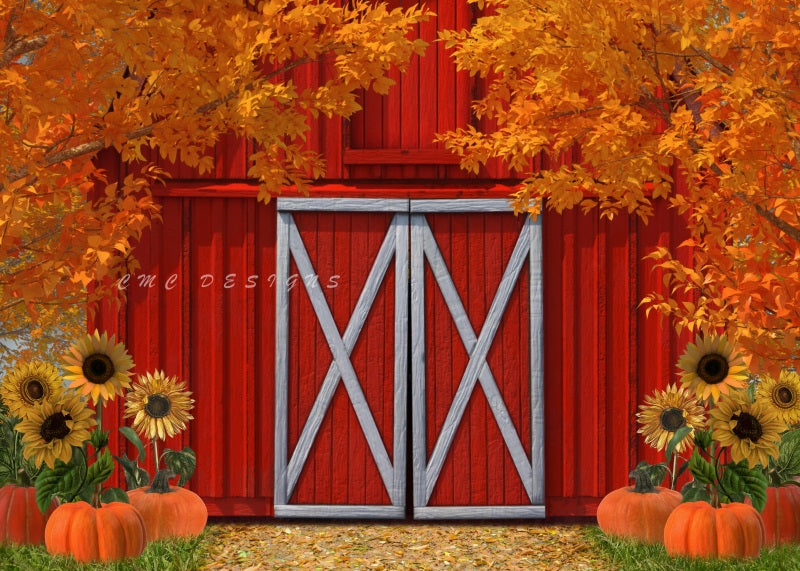 Kate Autumn Pumpkin Sunflower Red Barn Door Backdrop Designed by Candice Compton