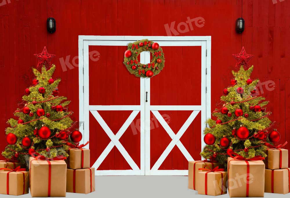 Kate Christmas Backdrop Gift Tree Red Barn Designed by Chain Photography