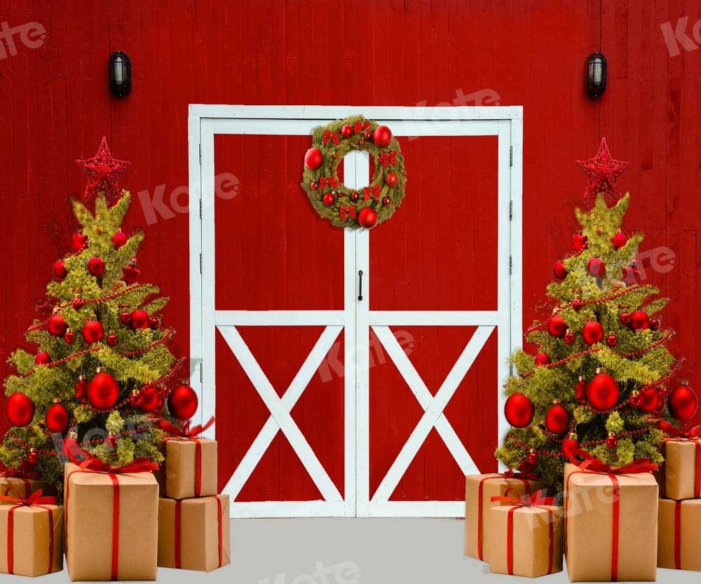 Kate Christmas Backdrop Gift Tree Red Barn Designed by Chain Photography