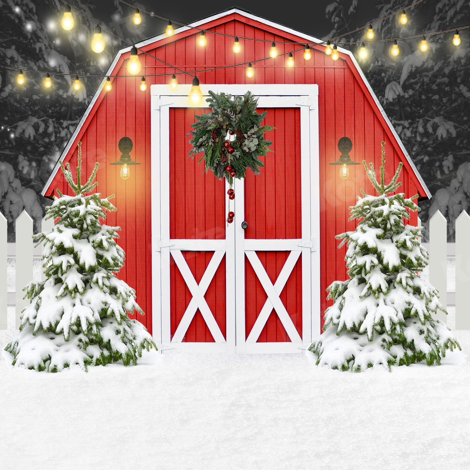 Kate Christmas Backdrop Outdoor Snow Red Barn Door Designed by Uta Mueller Photography
