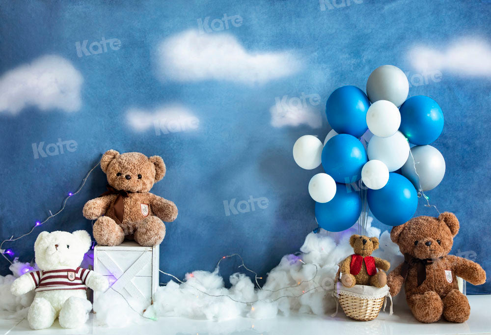 Kate Blue Balloons Backdrop Teddy Bear Hot Air Balloon Trip Designed by Emetselch