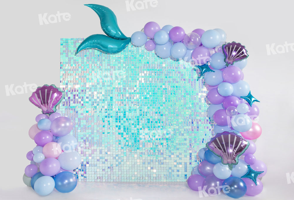 Kate Blue Green Mermaid Balloons Backdrop Printed Shiny Birthday Designed by Emetselch