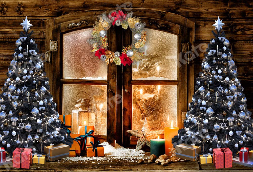 Fondo de árbol de Navidad con ventana de regalo diseño retro de madera diseñado por Chain Photography.