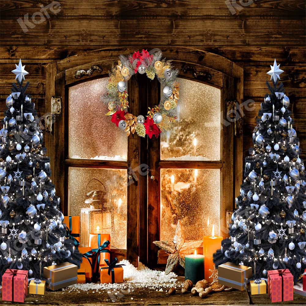 Fondo de árbol de Navidad con ventana de regalo diseño retro de madera diseñado por Chain Photography.