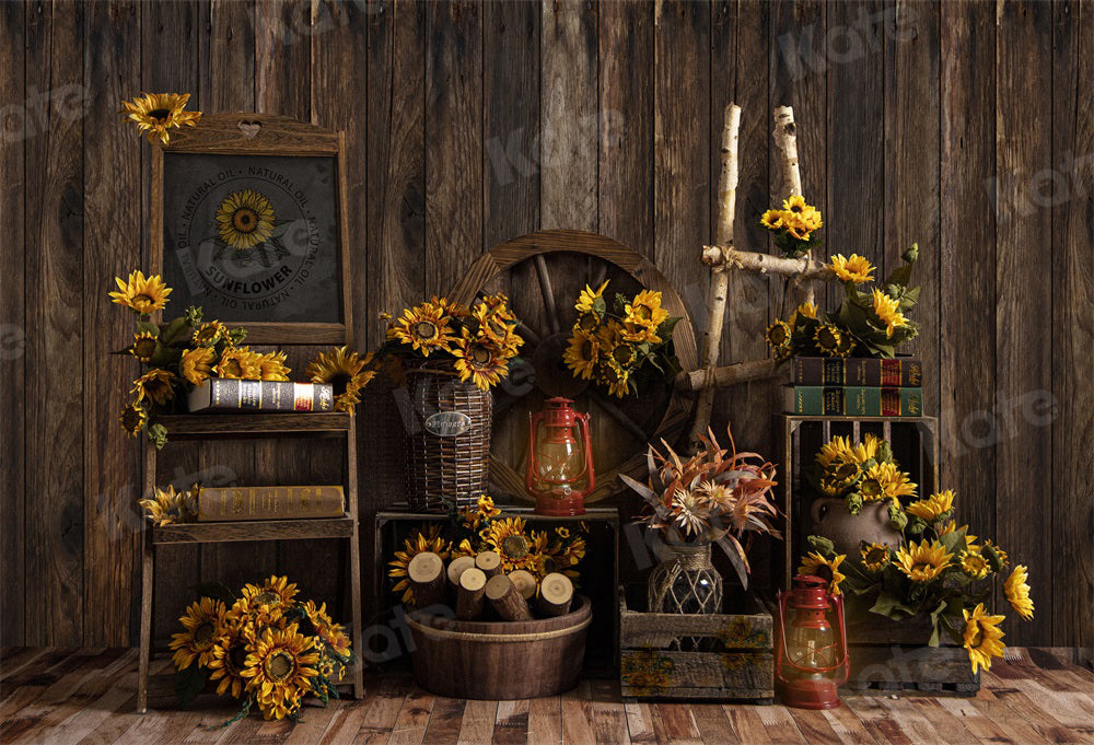 Kate Autumn Sunflower Backdrop Retro Wood for Photography