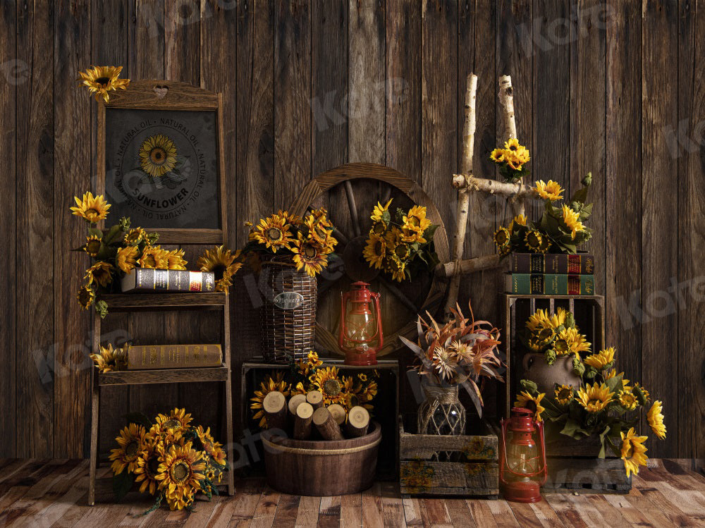 Kate Autumn Sunflower Backdrop Retro Wood for Photography
