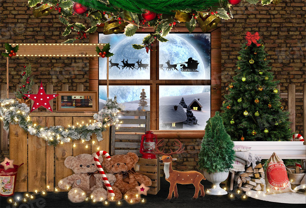 Kate Christmas Backdrop Window Tree Teddy Bear Store for Photography
