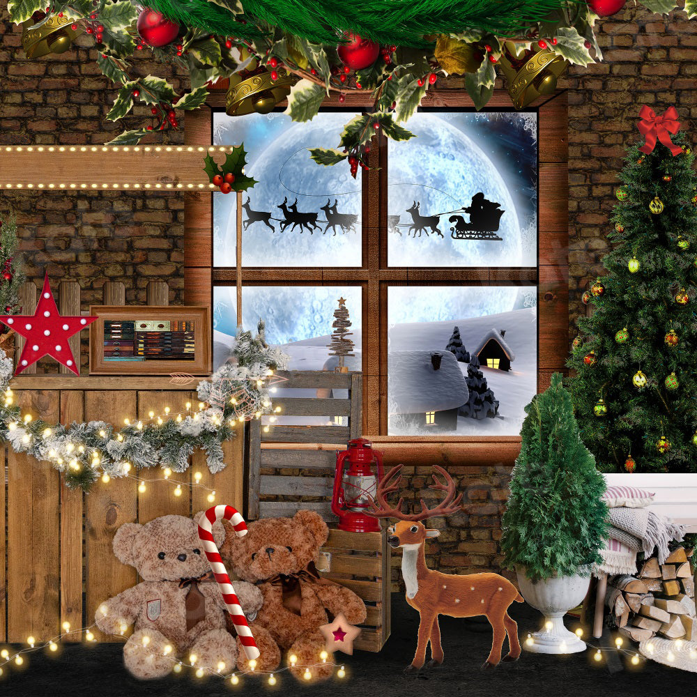 Kate Christmas Backdrop Window Tree Teddy Bear Store for Photography