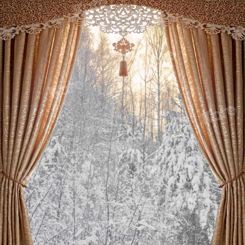 Kate Winter Christmas Backdrop Curtain Outwindow Snow Trees Designed by Chain Photography