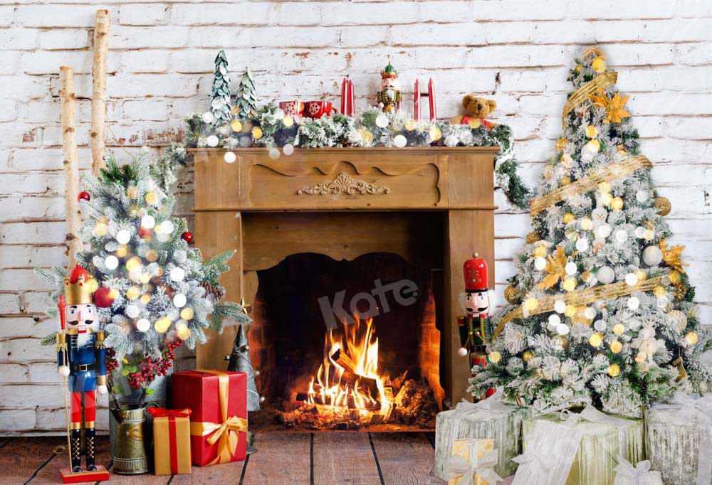 Kate Christmas Burning Fireplace Backdrop Tree Designed by Emetselch