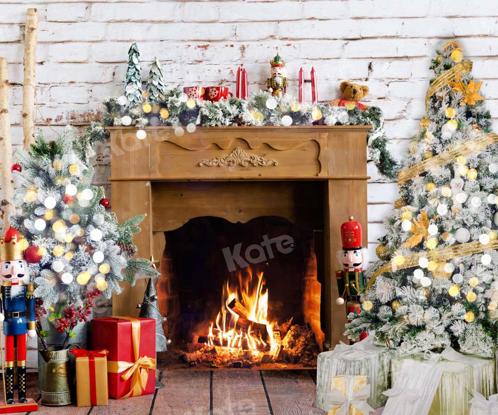 Kate Christmas Burning Fireplace Backdrop Tree Designed by Emetselch