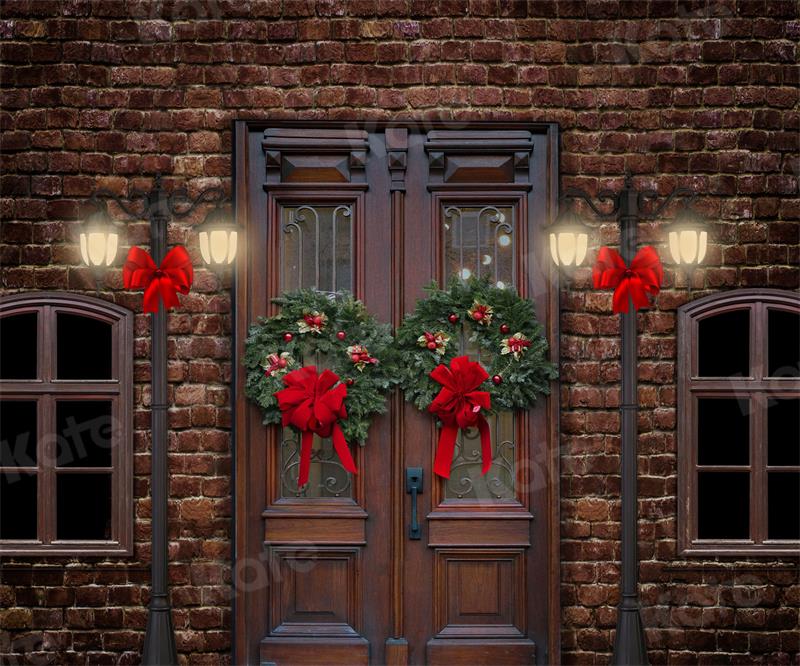 Kate Christmas Backdrop Retro Door Brick Wall Street for Photography