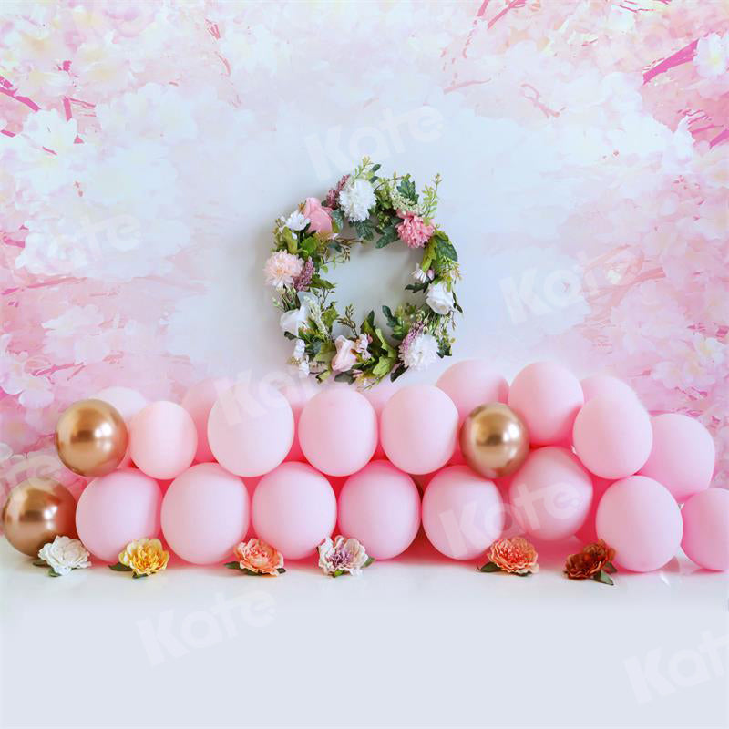 Kate Pink Floral Backdrop Balloons Girl Birthday for Photography