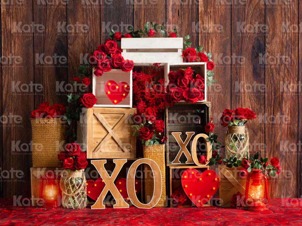 Kate Valentine's Day Rose XOXO Vintage Wood Backdrop Designed by Emetselch