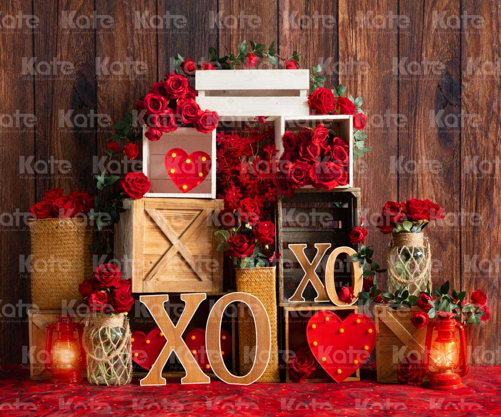 Kate Valentine's Day Rose XOXO Vintage Wood Backdrop Designed by Emetselch