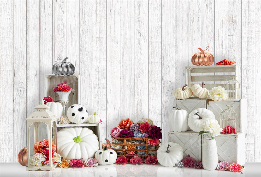 Kate Autumn White Wood Pumpkins Backdrop for Photography
