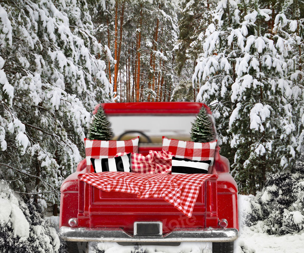 Kate Christmas Winter Snow Red Car Trees Backdrop for Photography