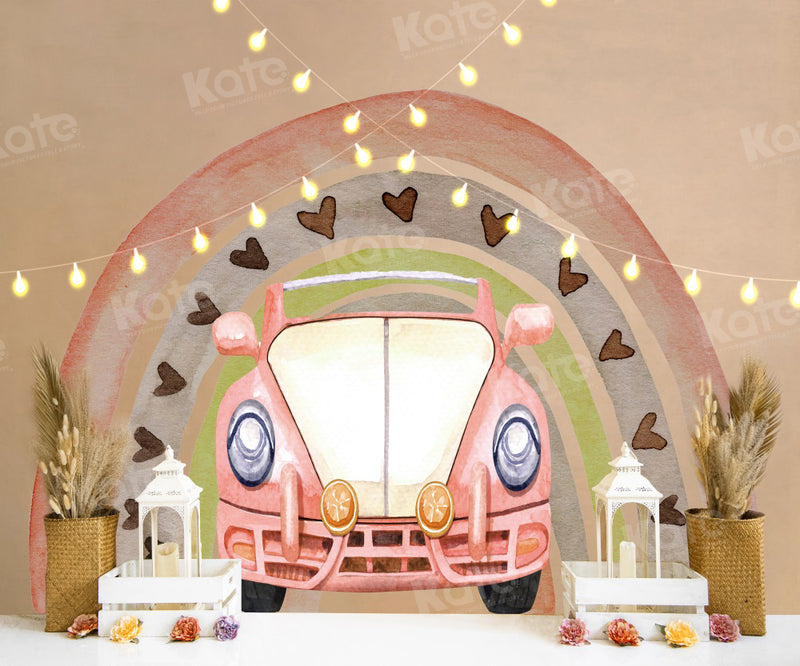 Vintage Pink Car Rainbow Photo Backdrop