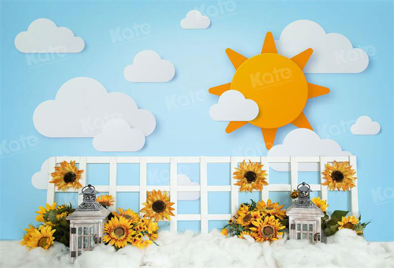 Kate Autumn Sun Fence Sunflower Cloud Sky Backdrop for Photography