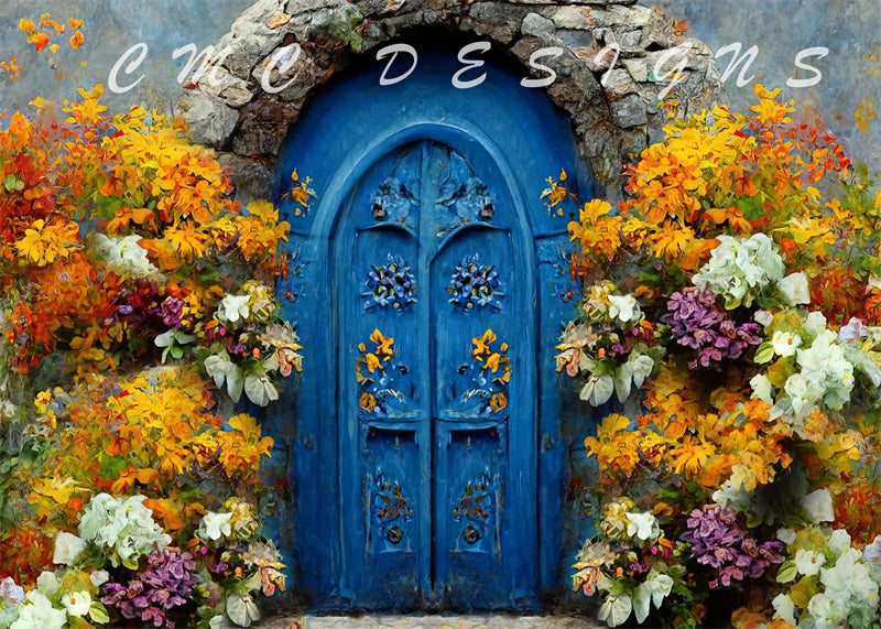 Kate Fall Entry Backdrop with Blue Door Designed by Candice Compton