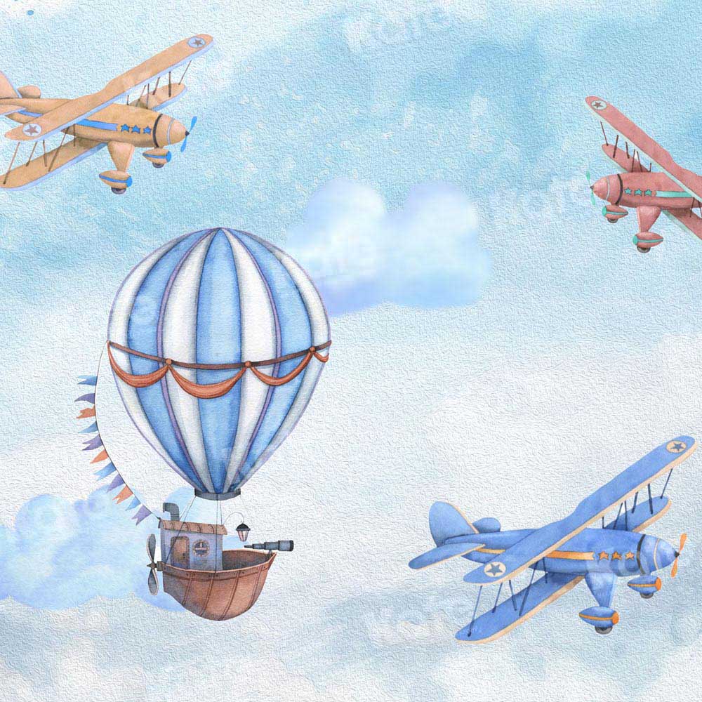 Kate Hot Air Balloon Plane Blue Sky Backdrop Designed by Chain Photography