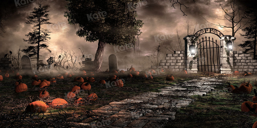 Kate Halloween Gate Pumpkin Yard Night Backdrop Designed by Chain Photography