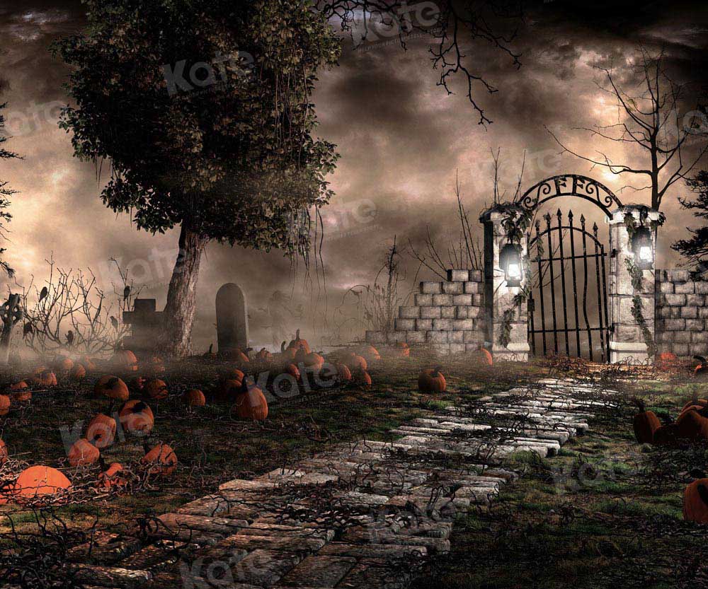 Kate Halloween Gate Pumpkin Yard Night Backdrop Designed by Chain Photography