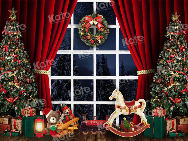 Kate Christmas Window Trojan Horse Red Curtain Backdrop for Photography