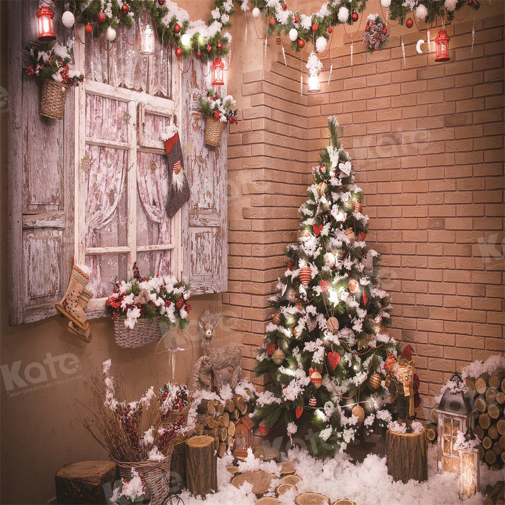Kate Christmas Corner Snow Tree Wood Window Backdrop for Photography