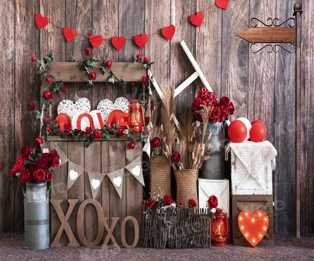 Kate Valentine's Day Vintage Wood XOXO Rose Store Backdrop for Photography
