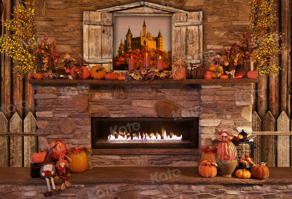 Kate Autumn Pumpkins Fireplace Backdrop for Photography