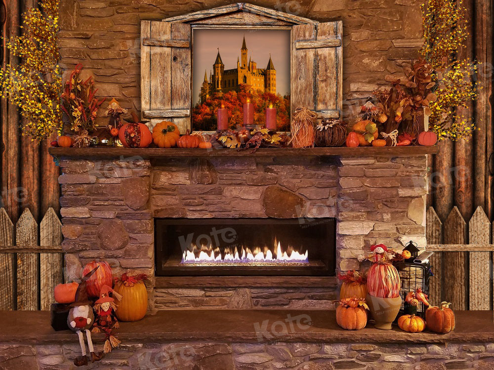 Kate Autumn Pumpkins Fireplace Backdrop for Photography
