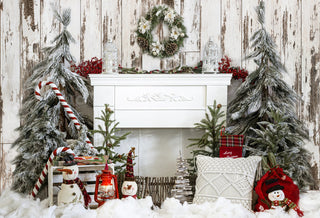 Kate Christmas Fireplace Tree Oak Wood Printed Backdrop for Photography