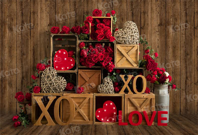 Kate Valentine's Day XOXO Rose Retro Wood Backdrop for Photography