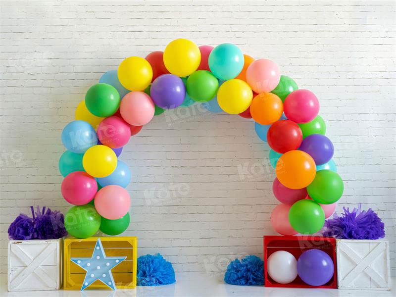 Kate Birthday Colorful Arch Balloons Beige Wall Backdrop for Photography