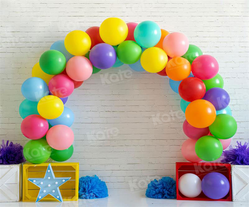 Kate Birthday Colorful Arch Balloons Beige Wall Backdrop for Photography