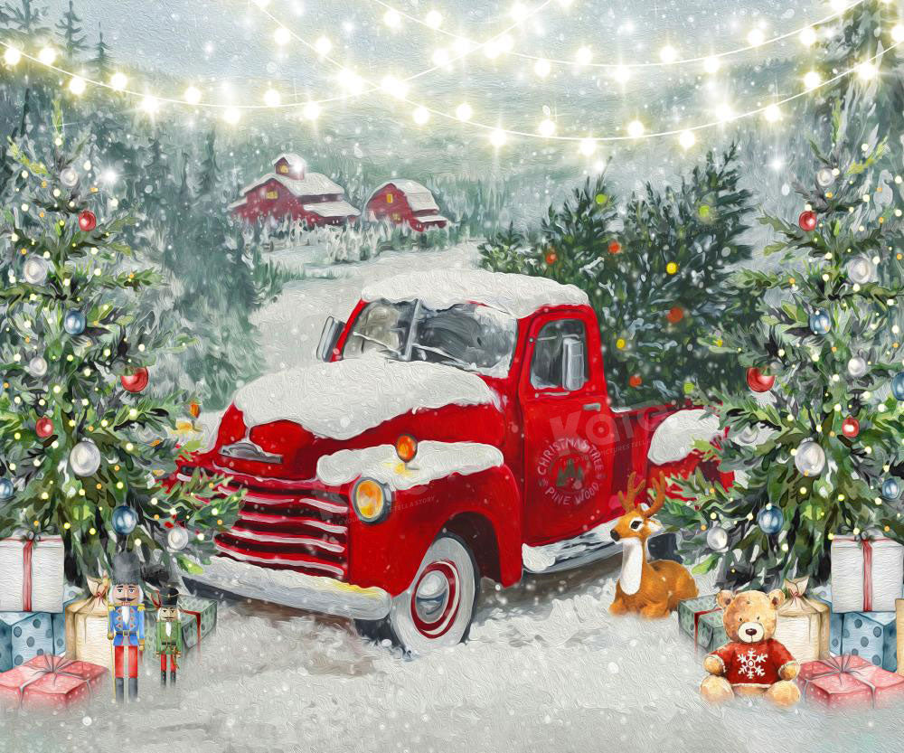 Kate Winter Christmas Red Car Tree Backdrop for Photography
