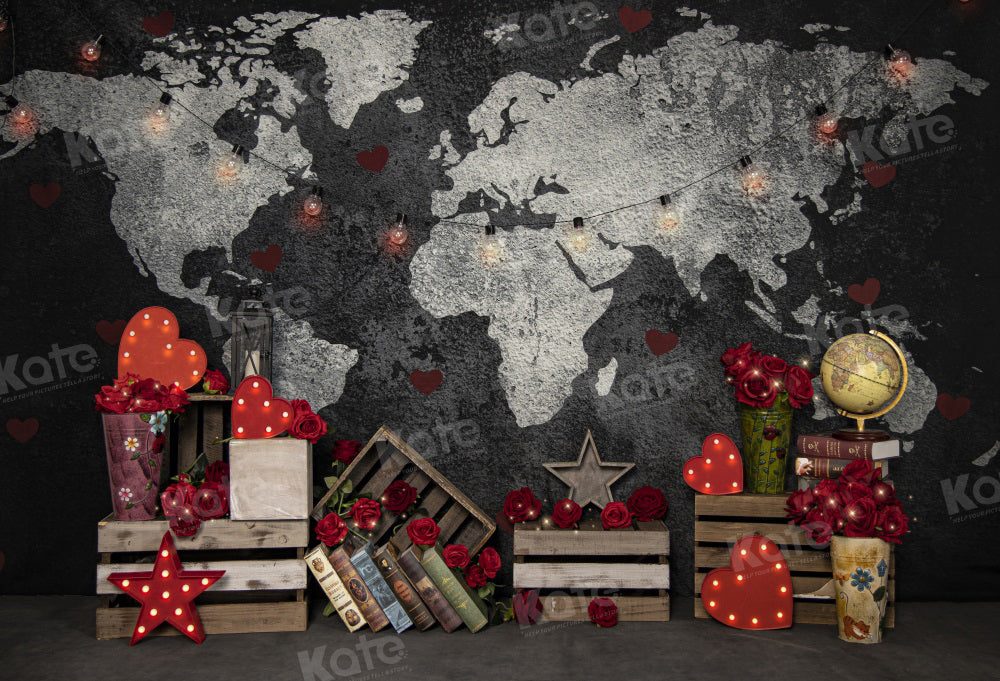 Kate Valentine's Day World Map Travel Backdrop for Photography