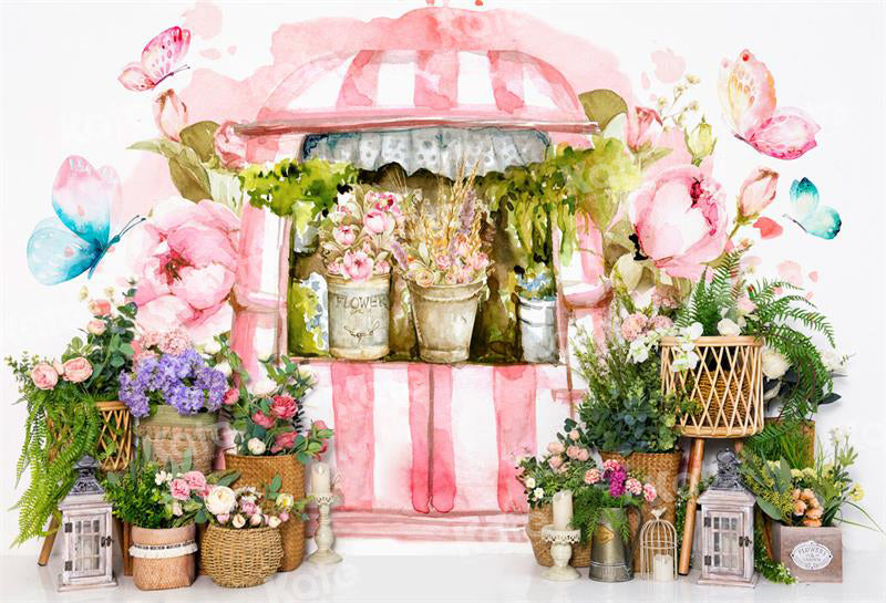 Kate Spring Flower Basket Watercolor House Store Backdrop for Photography