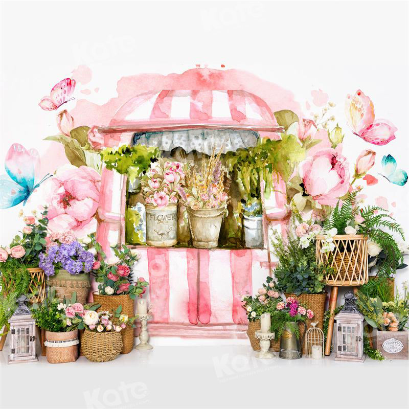 Kate Spring Flower Basket Watercolor House Store Backdrop for Photography
