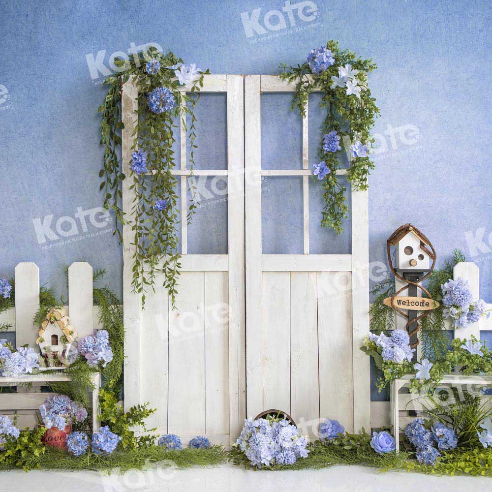 Kate Spring Door Floral Plants Blue Wall Backdrop Designed by Emetselch