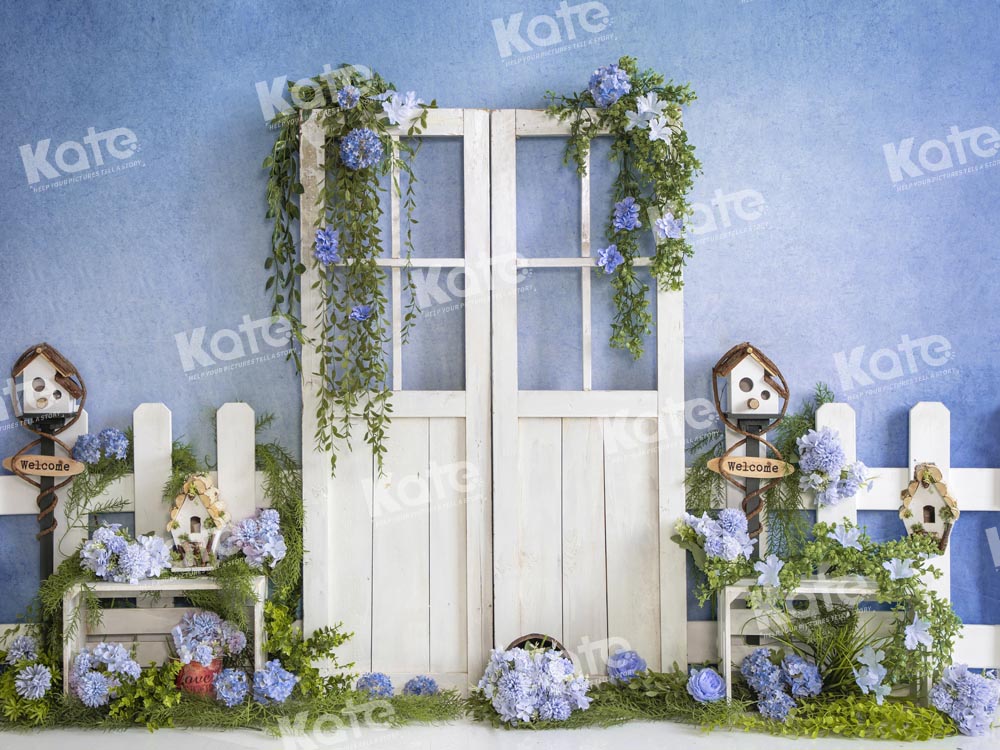 Kate Spring Door Floral Plants Blue Wall Backdrop Designed by Emetselch