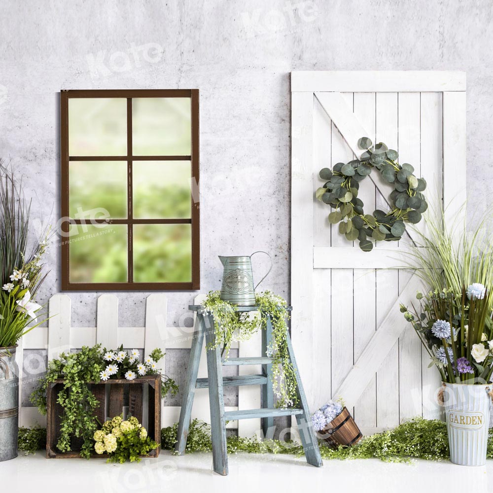 Kate White Fence Wooden Gate Flowers Backdrop Designed by Emetselch