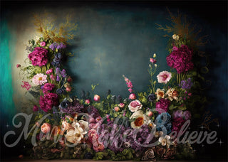 Kate Spring Fine Art Oil Painterly Floral Dark Teal Printed Backdrop Designed by Mini MakeBelieve