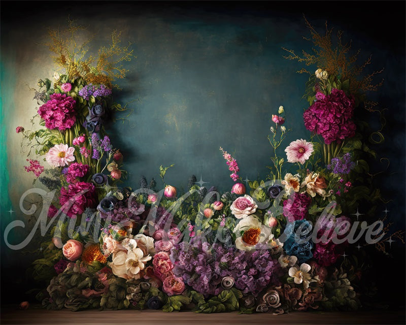 Kate Pet Spring Fine Art Oil Painterly Floral Dark Teal Backdrop Designed by Mini MakeBelieve