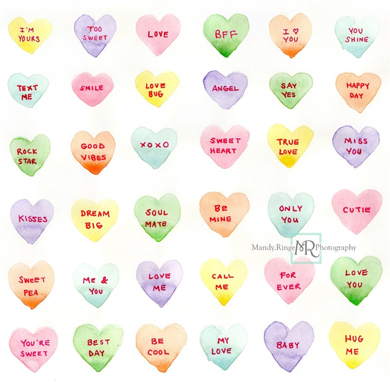 Kate Watercolor Candy Conversation Hearts Backdrop Designed by Mandy Ringe Photography