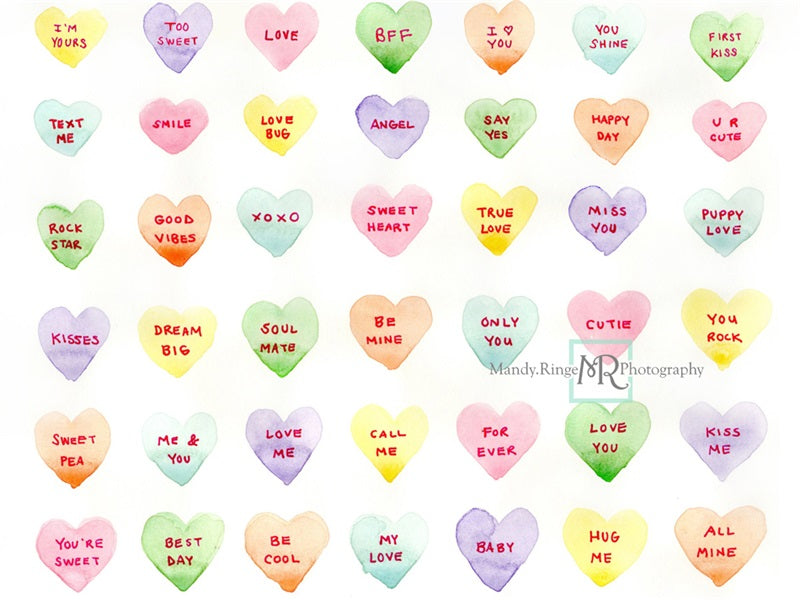 Kate Watercolor Candy Conversation Hearts Backdrop Designed by Mandy Ringe Photography